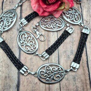 Ladies Silver Tone & Black Faux Leather Chain Belt Oval Swirl Size S Western